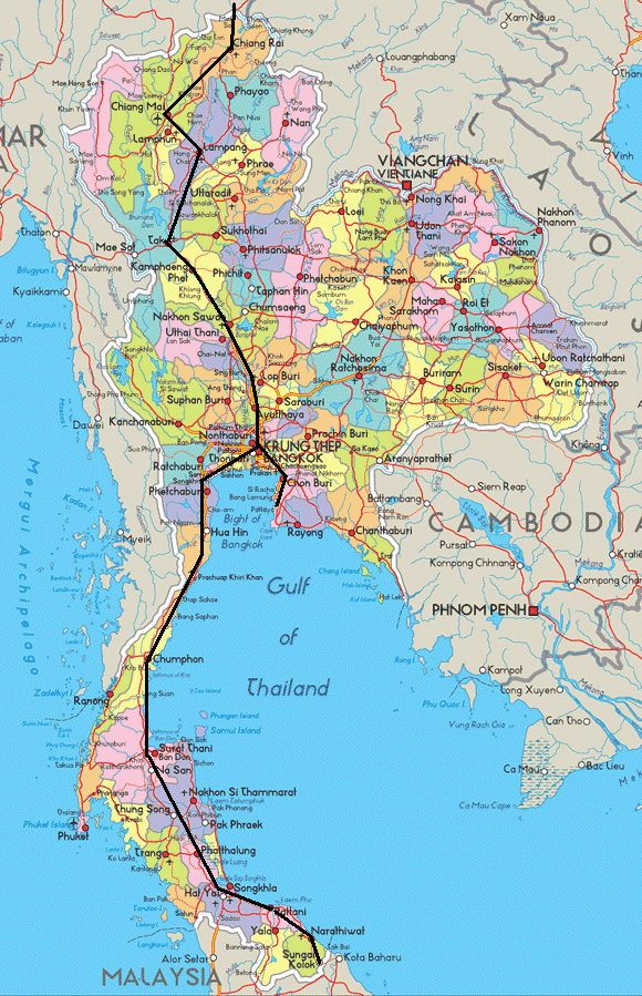 This trip started at Sungai Kolok (Malaysia-Thai border) and ended at Maesai, north of Chiangrai (Thai-Myanmar border). Follow black line in the map.